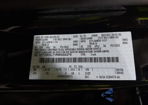 2024 Ford F-150 Lightning Flash z USA, uszkodzony, nr VIN 1FTVW3L71RWG02270